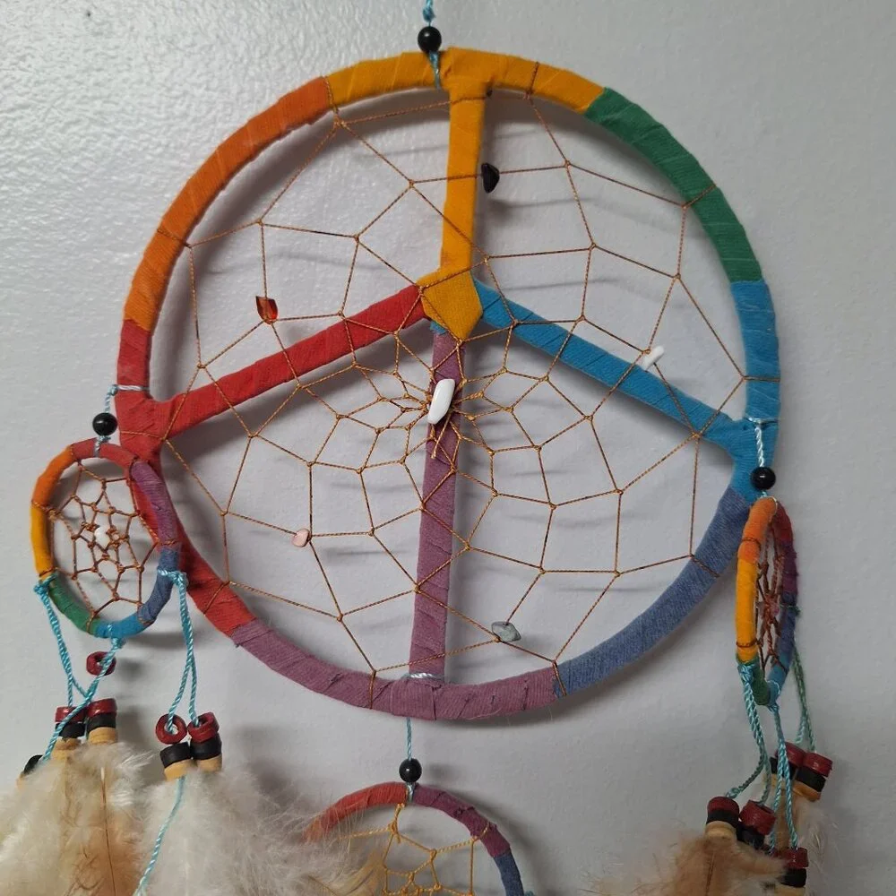 Peace Sign Rainbow Dreamcatcher Feathers Beads Handmade Boho Native Traditions‎